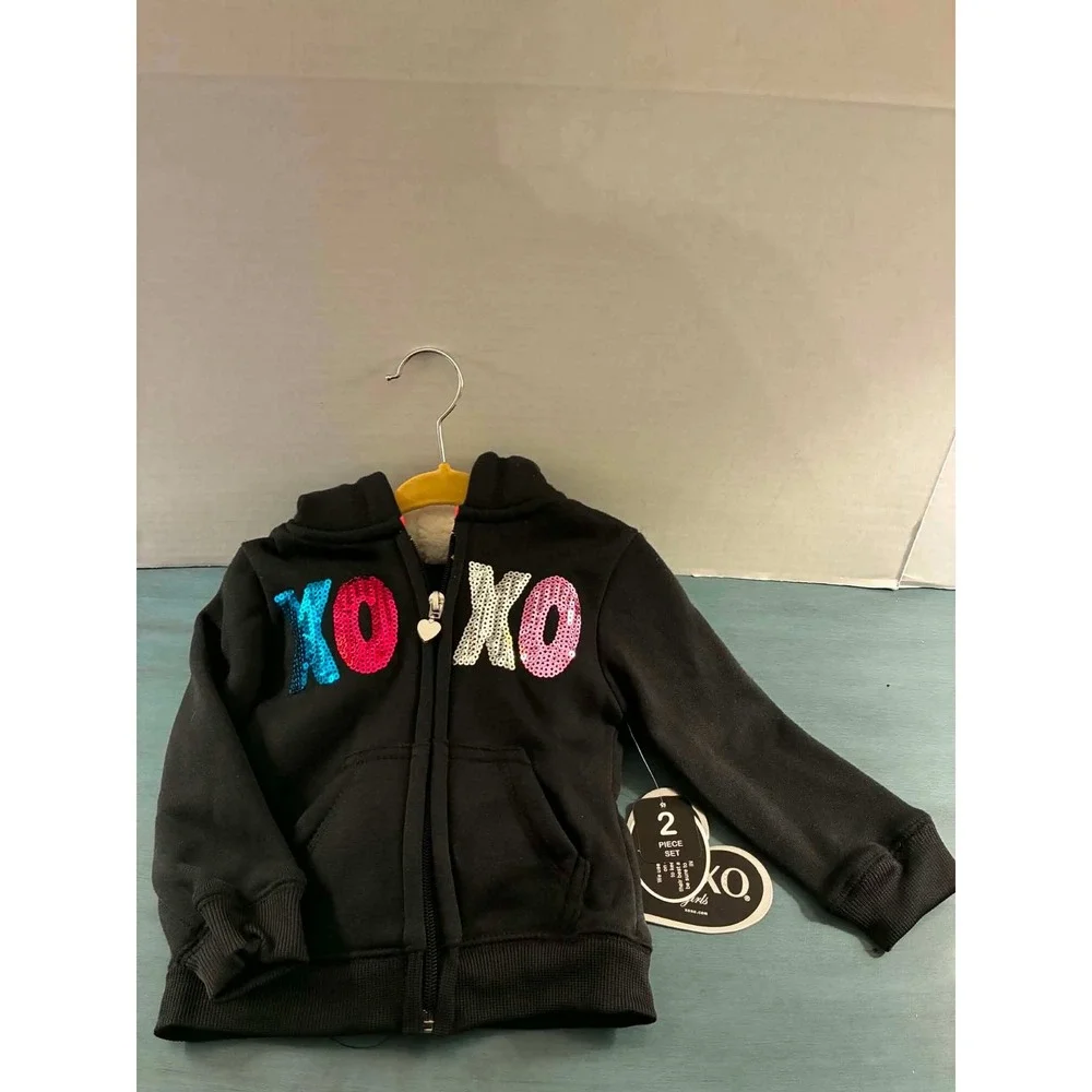 XOXO Hoodie and Joggers Set Toddler 18M Black New Sequin Sherpa Lined Tracksuit